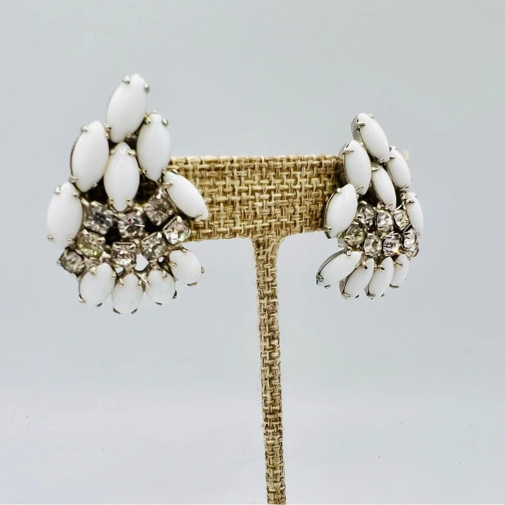 Vintage white glass rhinestone clip on earrings climbers milkglass